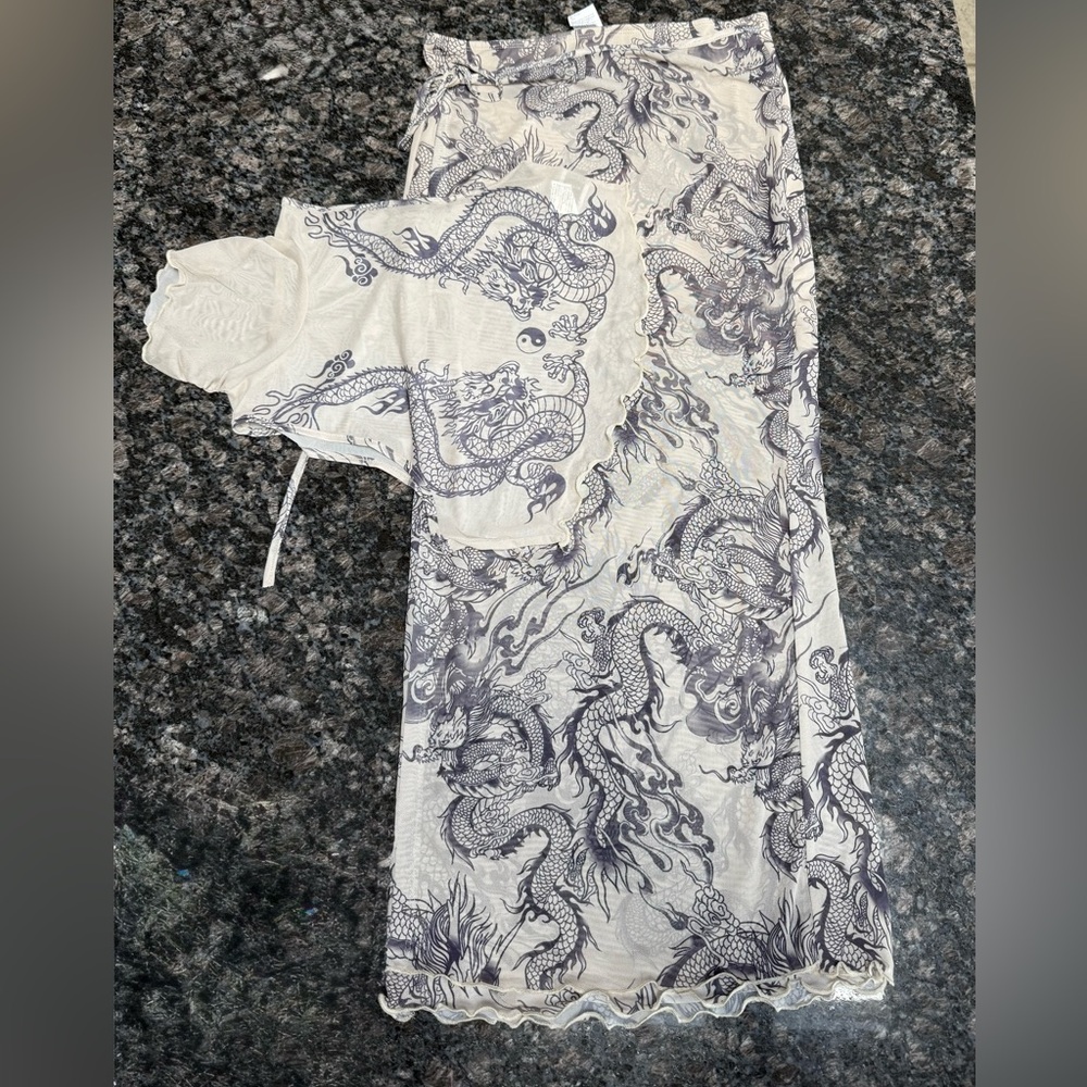 Mango White Maxi Skirt with Black Dragon Print